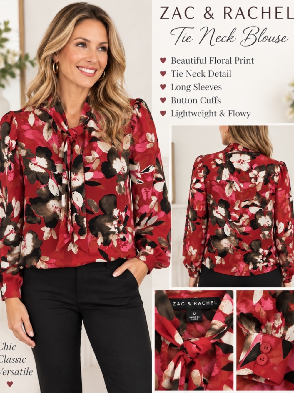 Zac & Rachel Floral Tie Neck Blouse Size M Red Pink Black